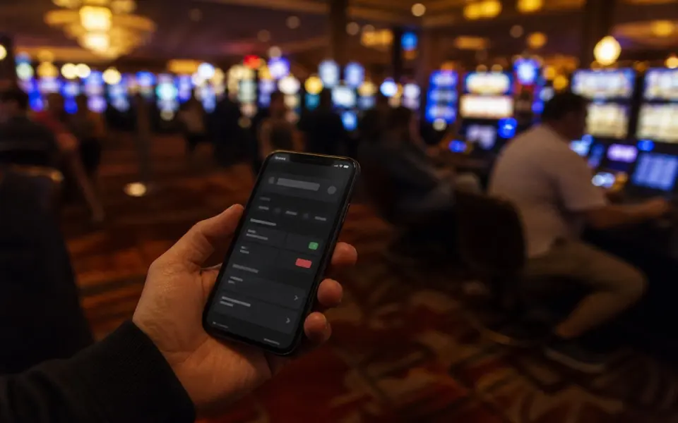 Illustration: a smartphone held in front of a casino floor at night, slot machine lights blurred behind