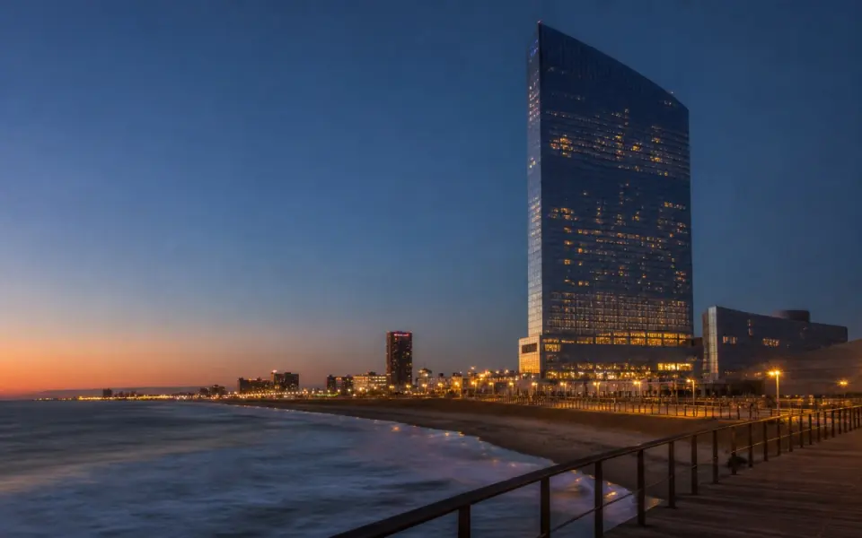 Illustration: a glass casino hotel tower on a beachfront at blue hour
