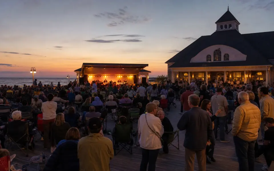 Illustration: an outdoor evening concert on a boardwalk plaza, a small stage and a standing crowd