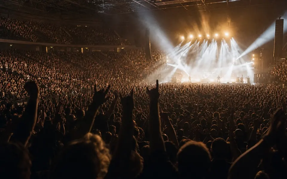 Illustration: a packed arena concert, raised hands in silhouette against spotlight beams