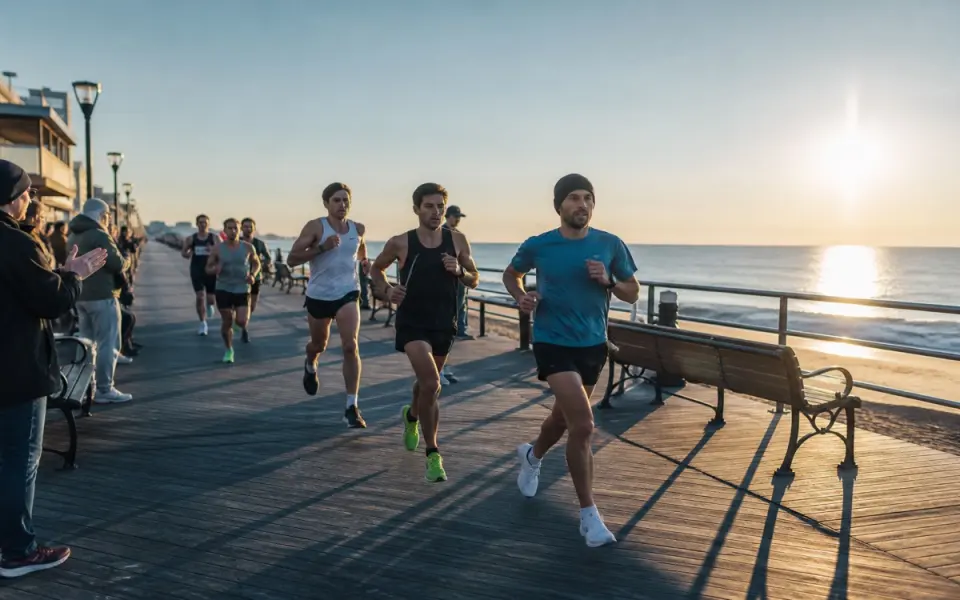 Illustration: distance runners on an oceanfront boardwalk at sunrise