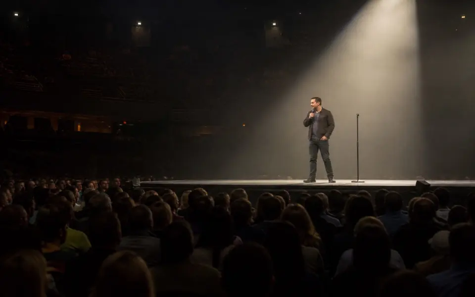 Illustration: a stand-up comedian alone on an arena stage under a single spotlight