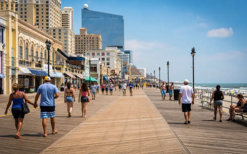 Illustration: a wide boardwalk on a summer afternoon, hotel facades on one side and the beach on the other