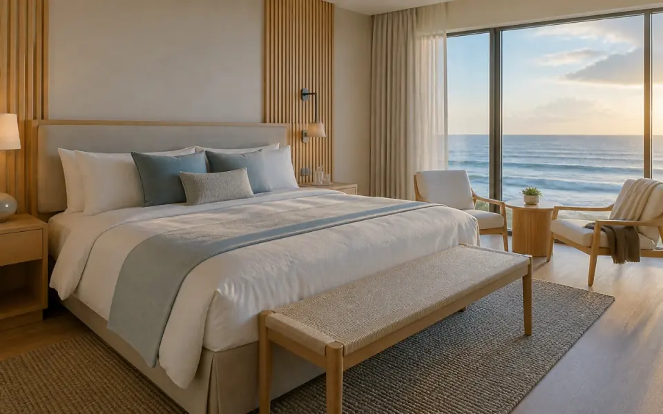 Illustration: a renovated hotel room in a pale coastal palette with an ocean-view window