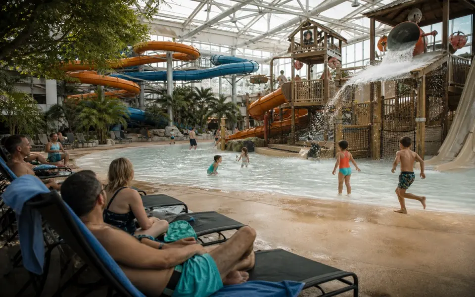 Illustration: an indoor family waterpark with tall spiralling slides under a glass roof