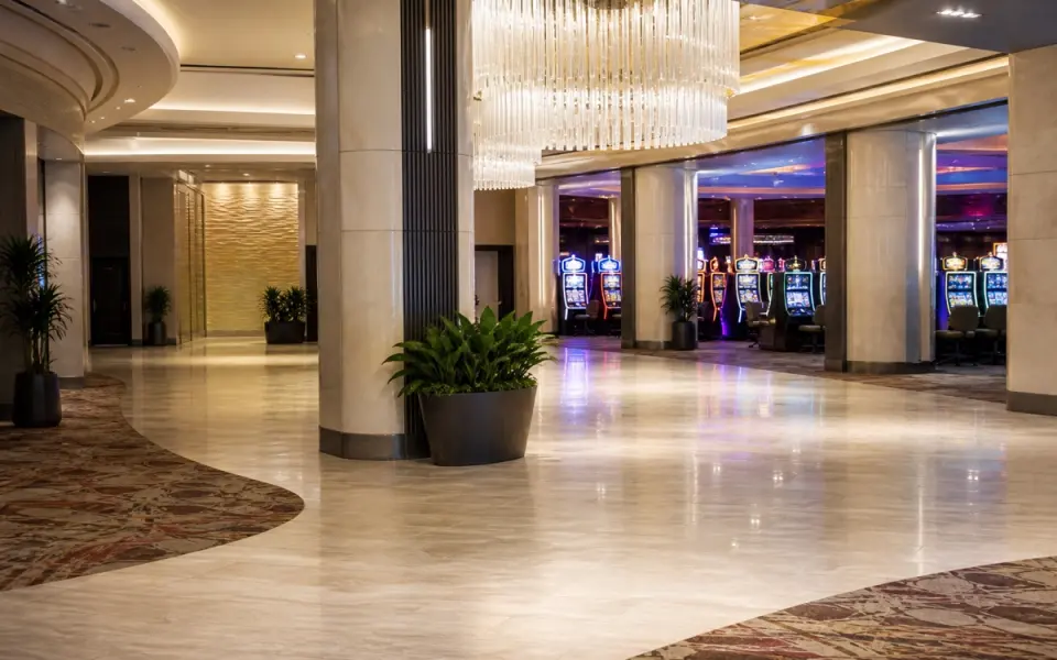 Illustration: a renovated casino atrium in pale stone with a bank of slot machines beyond