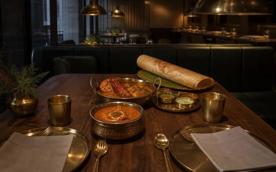 Illustration: an upscale Indian restaurant table with a copper handi of curry and a rolled dosa