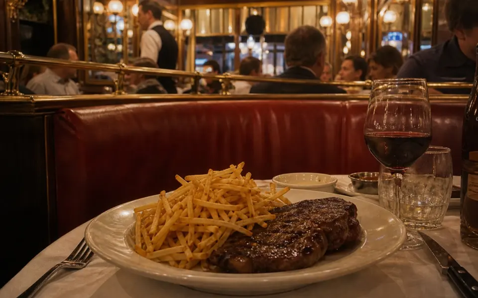 Illustration: a French brasserie at dinner service, leather banquettes and a plate of steak frites