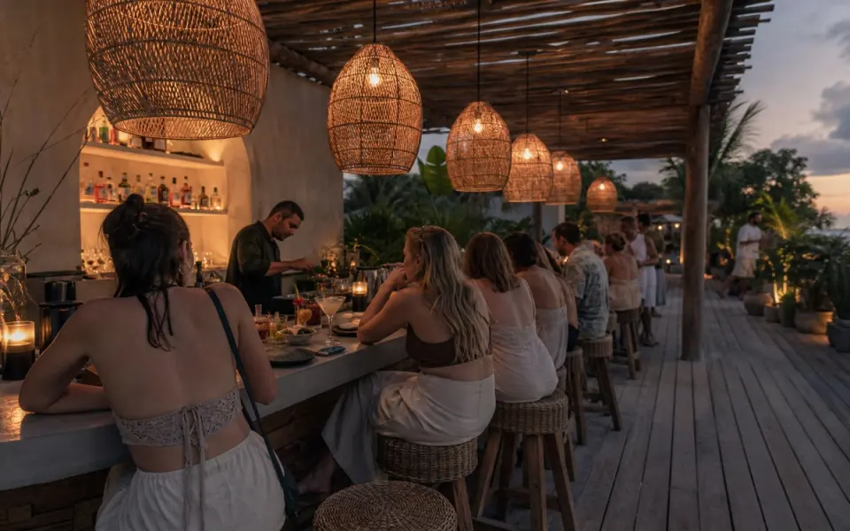 Illustration: an open-air boardwalk cocktail bar at dusk with rattan pendants and woven stools