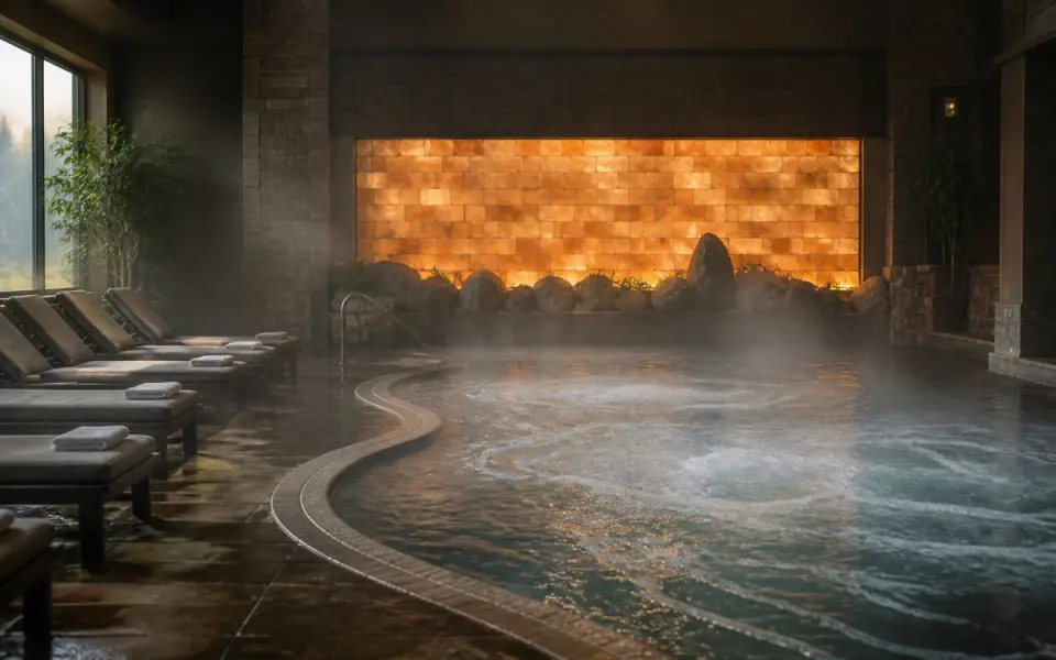 Illustration: a resort bathhouse with a large jetted thermal pool and a glowing salt wall