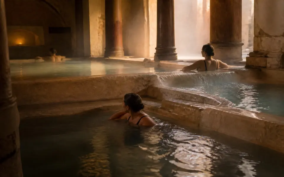 Illustration: a Roman-style bath circuit of three stone pools at different levels, steam rising