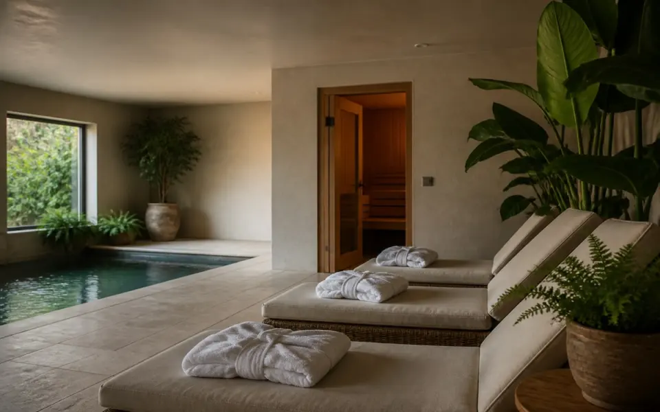 Illustration: a spa relaxation lounge with a small pool, a sauna door and folded white robes