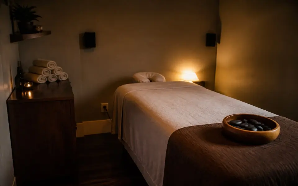 Illustration: a dim spa massage room with a draped treatment table and speakers on the wall