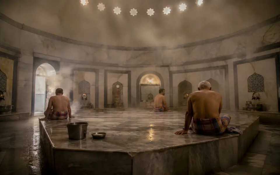 Illustration: the interior of a Turkish hammam, a heated marble slab under a domed ceiling