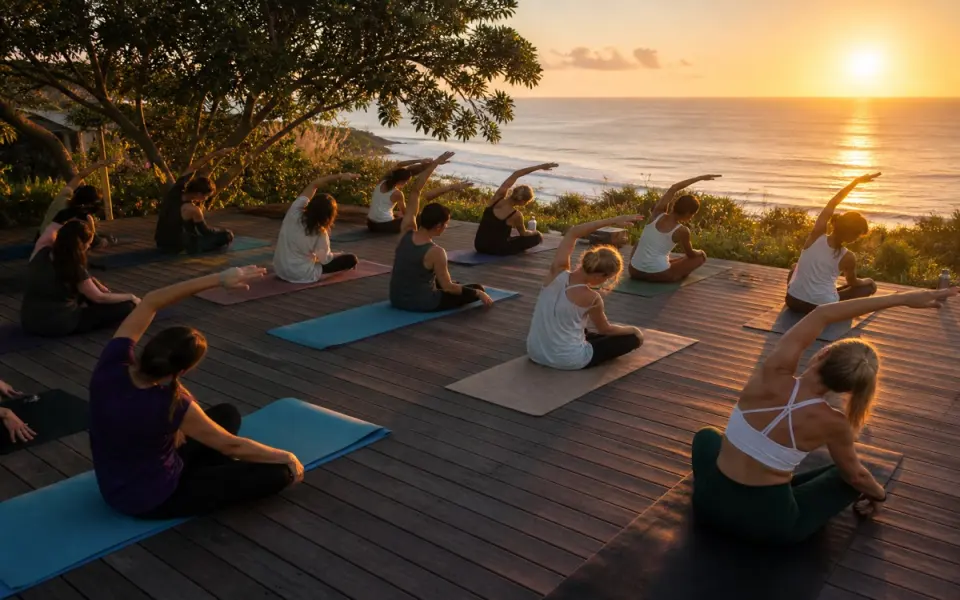 Illustration: an outdoor sunrise yoga class on a wooden deck near the ocean